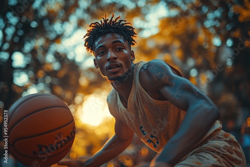 High-Energy Basketball Action: Player Dribbling, Driving, and Attacking the Hoop with Intensity photo