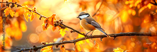 beautiful little bird tit flies in the autumn clear Park by the branch of an oak with Golden foliage on a Sunny day photo