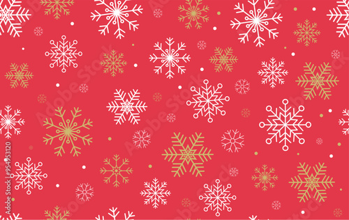 Seamless winter, Christmas pattern with beautiful white and golden snowflakes on the red background. Winter holidays concept. Christmas, winter, New year background.