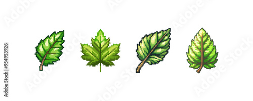 Pixel Art Green Leaves Collection. Vector illustration design.