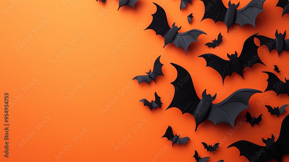 Minimalist design featuring bats flying across a bright orange backdrop, blending simplicity with a hint of eerie ambiance suitable for various thematic uses. Minimalist design featuring bats flying across a bright orange backdrop, blending simplicity with a hint of eerie ambiance suitable for various thematic uses.