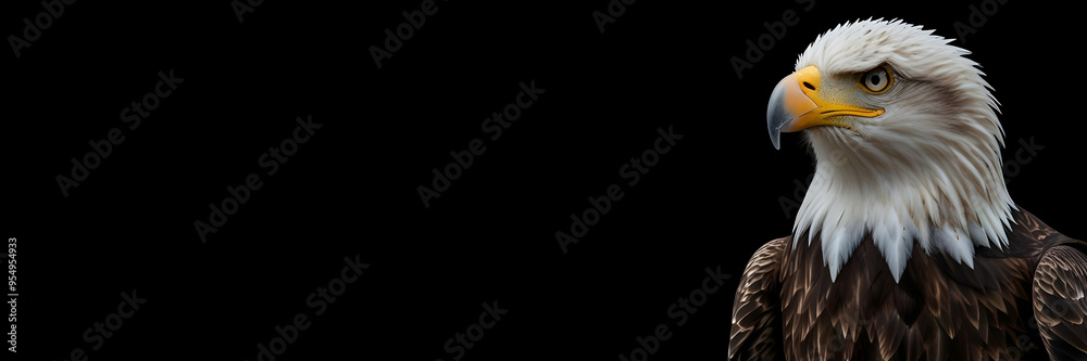 Fototapeta premium bald eagle portrait against black panoramic background with empty space