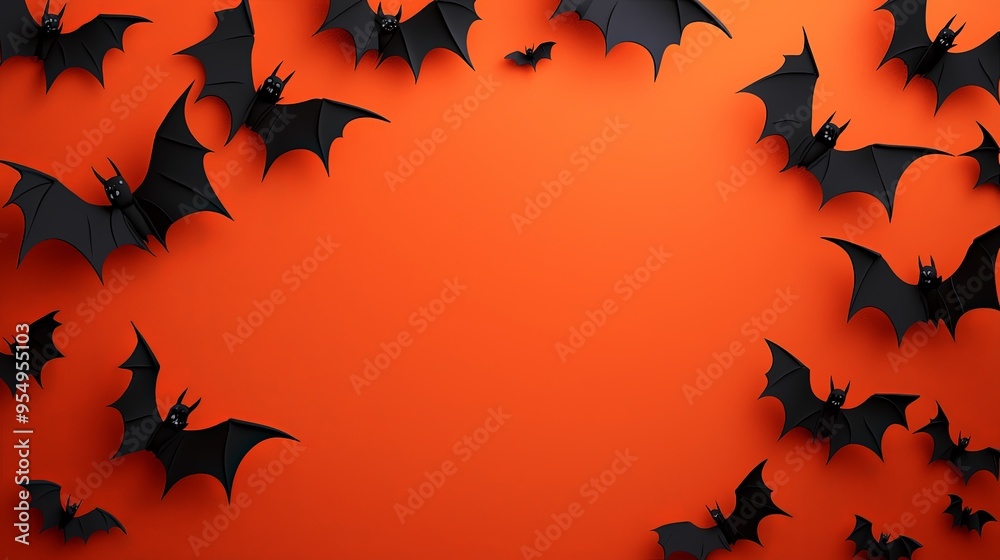 A minimalistic image featuring black bats on an orange background. The clean, artistic design highlights the bats' shapes, perfect for modern Halloween decorations. A minimalistic image featuring black bats on an orange background. The clean, artistic design highlights the bats' shapes, perfect for modern Halloween decorations.