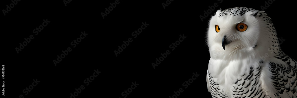 Obraz premium white owl portrait with black background. Copy space banner