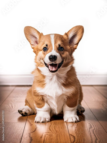Cute corgi puppy smiling while sitting on the floor, full-length portrait on white background