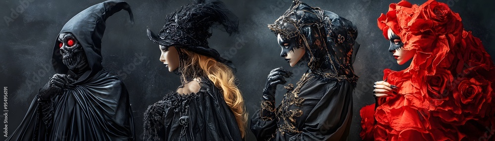 Fototapeta premium Four Halloween Characters in Dark and Red Costumes.