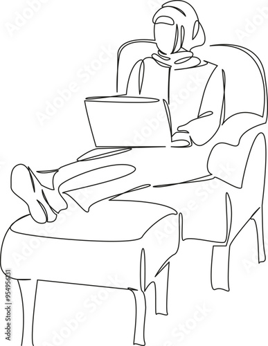 One continuous single drawing line art flat doodle muslim girl, modern, purposeful, laptop, chair, comfort, learning. Isolated image hand draw contour on a white background
