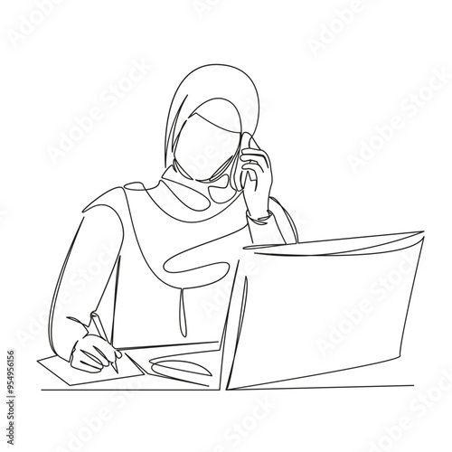 One continuous single drawing line art flat doodle Muslim woman working, modern, goal-oriented, laptop, office, money, independence. Isolated image hand draw contour on a white background