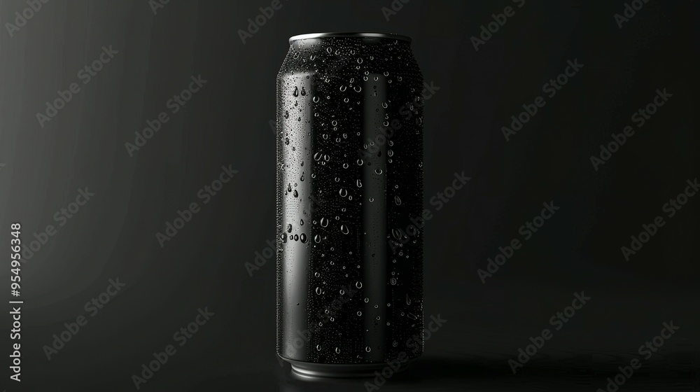 Black Aluminum Can With Water Droplets on a Black Background Black Aluminum Can With Water Droplets on a Black Background