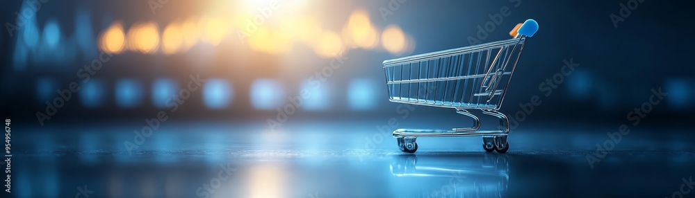 Shopping Cart on Blue Reflective Surface with Bokeh Lights Shopping Cart on Blue Reflective Surface with Bokeh Lights