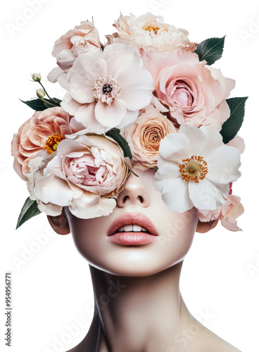 A woman with flowers covering her face in spring isolated on transparent background