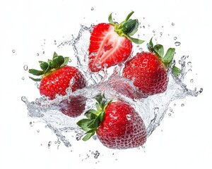 Crédence de cuisine  Fresh strawberries in mid-air, captured with dynamic water splashes, high-speed photography on a clean white background  © JP STUDIO LAB