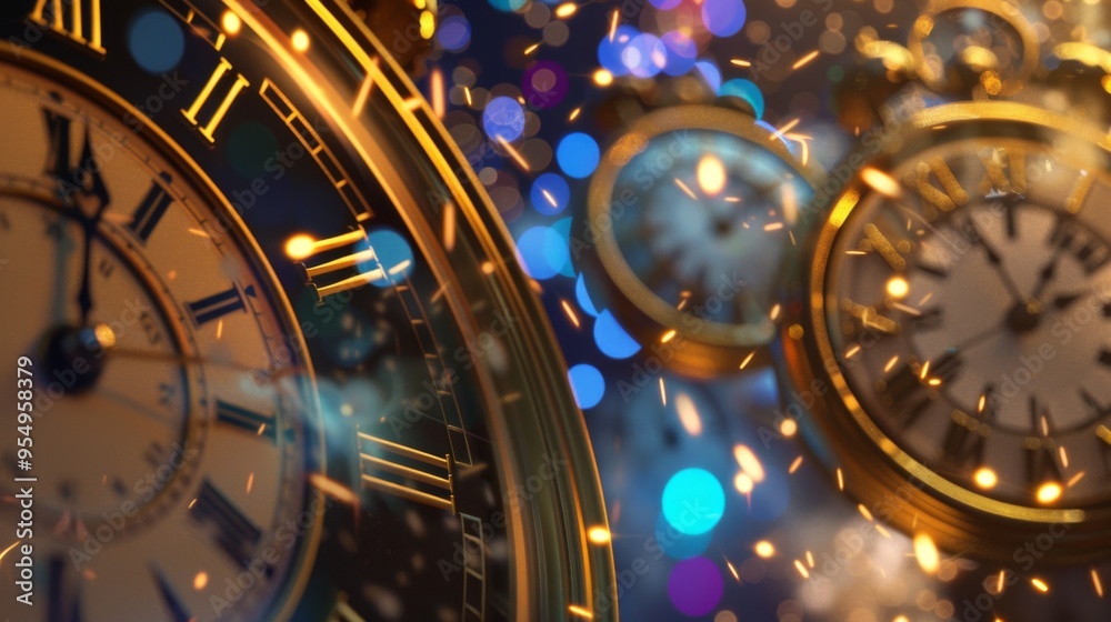 Fototapeta premium Exciting Midnight Countdown: Large Clocks and Digital Timers with Fireworks Lighting Up the Night Sky.