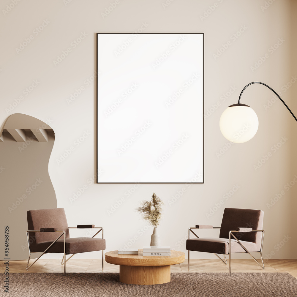 Fototapeta premium Minimalist living room interior with blank framed poster on wall. 3D Rendering