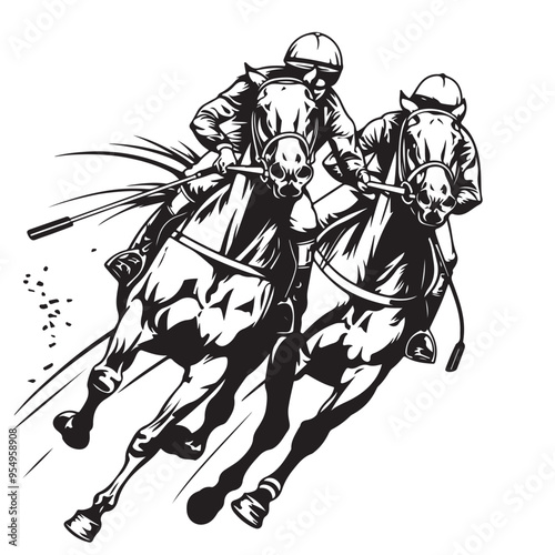Competitive Horse Racing Vector Art Black and White Illustration of Racehorses in Action on White Background