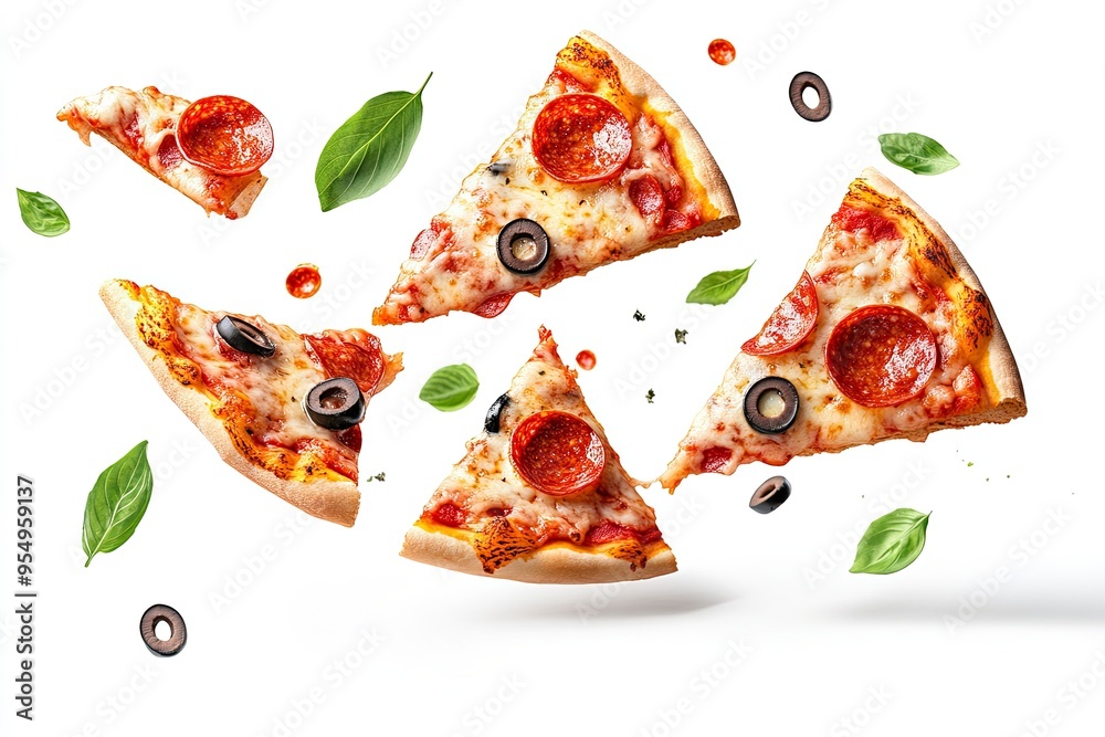 Pizza slices flying, isolated on white background. Delicious peperoni pizza slices pepperonis and olives, floating pizza pieces with melting cheese with basil leaves flying. Italian style pizza, ai Pizza slices flying, isolated on white background. Delicious peperoni pizza slices pepperonis and olives, floating pizza pieces with melting cheese with basil leaves flying. Italian style pizza, ai