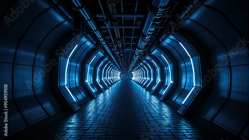 Futuristic Cyber Hangar with Glowing Blue Tubes and Metal Panels in a Dark Tunnel Environment