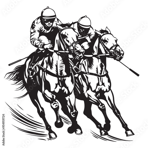 Horse Racing Stock Vector: Dynamic Black and White Illustration of Competitive Racing on a White Background