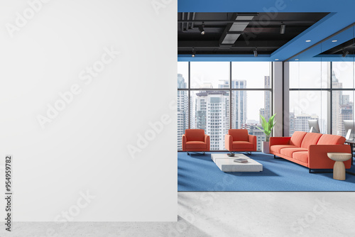 Modern office interior with blank wall and city view. 3D Rendering