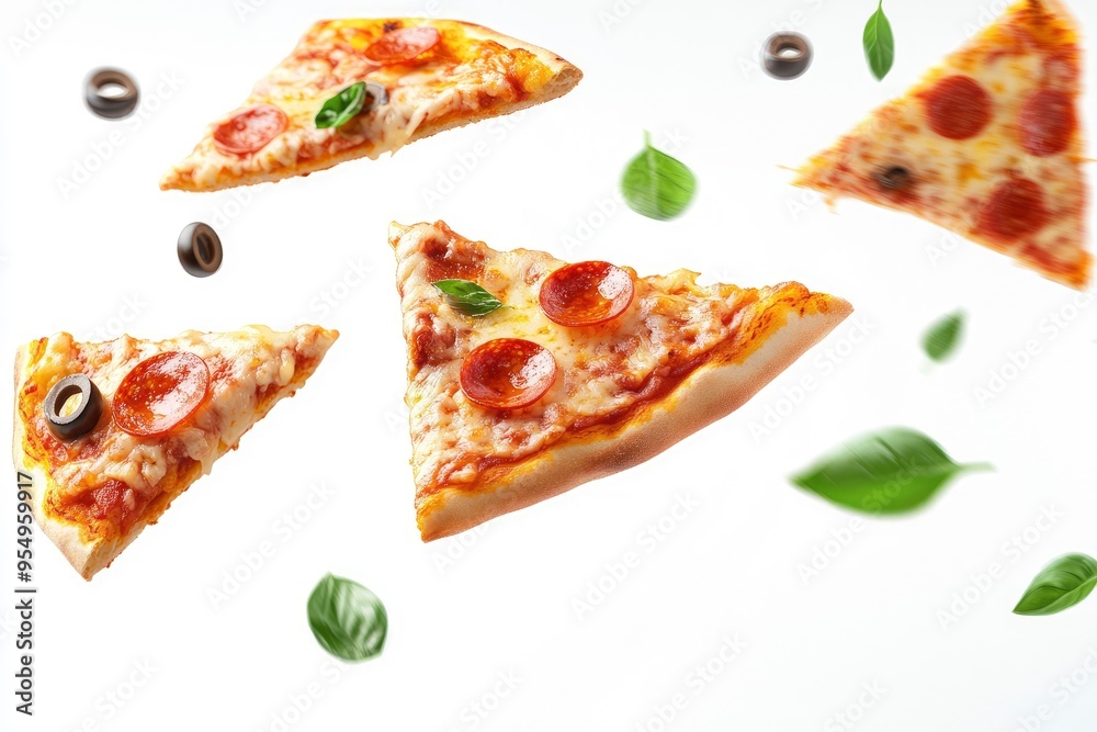 Pizza slices flying, isolated on white background. Delicious peperoni pizza slices pepperonis and olives, floating pizza pieces with melting cheese with basil leaves flying. Italian style pizza, ai Pizza slices flying, isolated on white background. Delicious peperoni pizza slices pepperonis and olives, floating pizza pieces with melting cheese with basil leaves flying. Italian style pizza, ai