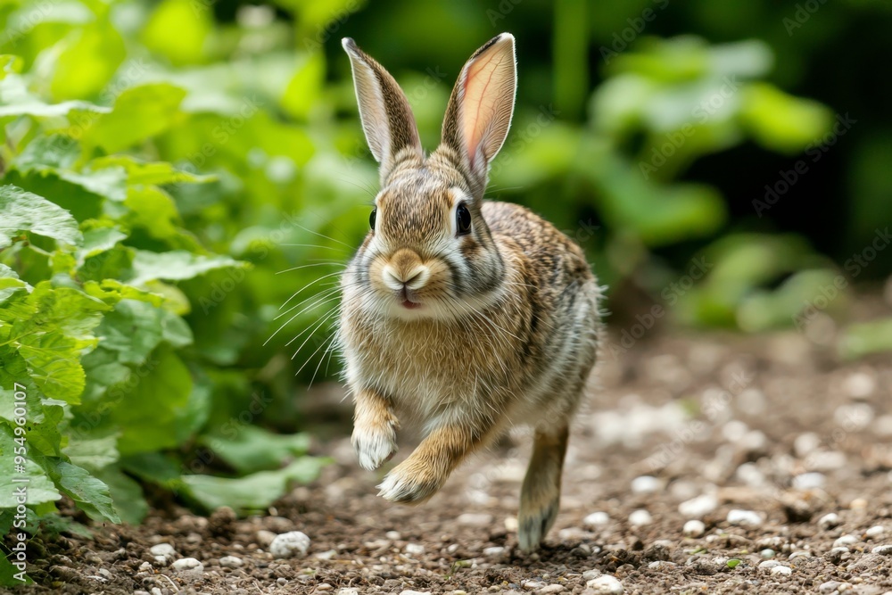 Fototapeta premium A Curious Brown Rabbit Running Through Green Foliage