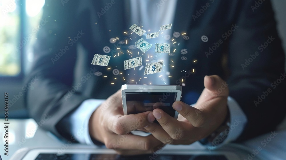 Businessman using phone for online finance smart e-wallet interface Businessman using phone for online finance smart e-wallet interface