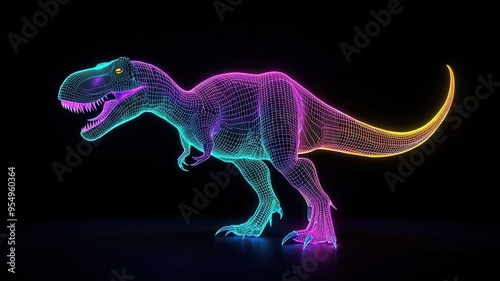 Tyrannosaurus rendered in neon wireframe, black background, glowing effects, futuristic style, high detail