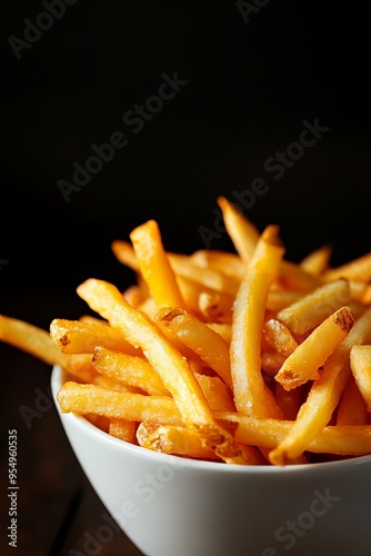 A close-up of crispy golden fries in a white bowl, perfect for snack lovers and fast food enthusiasts. photo