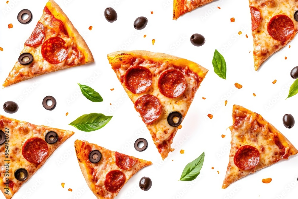 Pizza slices flying, isolated on white background. Delicious peperoni pizza slices pepperonis and olives, floating pizza pieces with melting cheese with basil leaves flying. Italian style pizza, ai