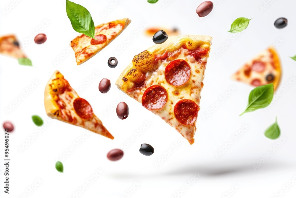 Pizza slices flying, isolated on white background. Delicious peperoni pizza slices pepperonis and olives, floating pizza pieces with melting cheese with basil leaves flying. Italian style pizza, ai
