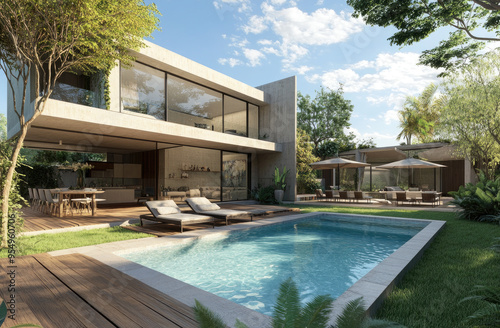 "Sleek Contemporary Home with Glass Walls, Pool, and Outdoor Living Area in a Lush Setting, Created with AI