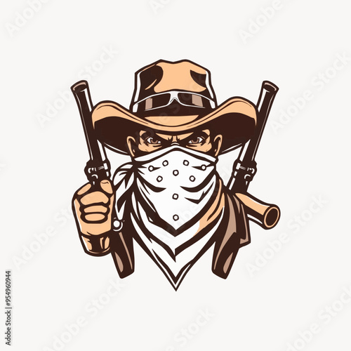 Cowboy with gun mascot logo. Cool bandit cowboy logo design, Western Gunslinger Bandit Wild West Cowboy Gangster with Bandana Scarf Mask