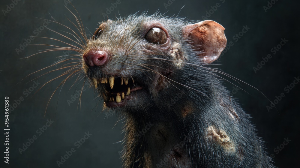 Highly Detailed and Scary Illustration of an Ugly Rat with Exaggerated Features, Including Patchy Fur, Crooked Teeth, and a Sinister Expression Highly Detailed and Scary Illustration of an Ugly Rat with Exaggerated Features, Including Patchy Fur, Crooked Teeth, and a Sinister Expression