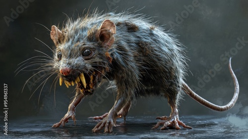 Highly Detailed and Scary Illustration of an Ugly Rat with Exaggerated Features, Including Patchy Fur, Crooked Teeth, and a Sinister Expression