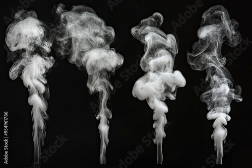 Collection of close-up shots of abstract white steam or smoke. White cloudiness from moisture spray Isolated on a black background , ai
