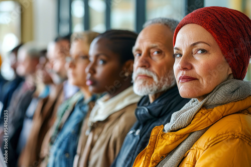 Diverse US voters at polling place. Multiracial multiethnic Caucasian and African American people standing in line.