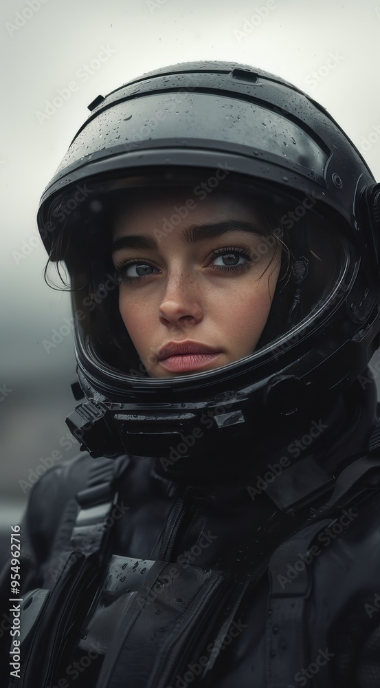 Female astronaut in helmet standing on alien terrain. Female astronaut in helmet standing on alien terrain.