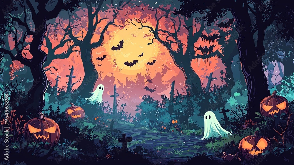 A spooky Halloween night scene featuring eerie ghosts, carved jack-o'-lanterns, and bats flying under the moonlight in a haunted forest setting. A spooky Halloween night scene featuring eerie ghosts, carved jack-o'-lanterns, and bats flying under the moonlight in a haunted forest setting.