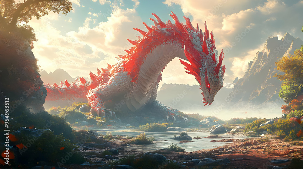 Majestic Red Dragon Soaring Above a Misty Mountain River in Fantasy ...