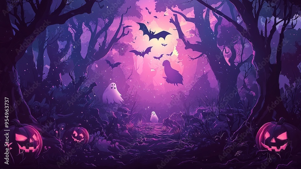 A mystical forest path illuminated by glowing jack-o'-lanterns, with two ethereal ghosts and bats flying above, captures a spooky yet enchanting Halloween scene. A mystical forest path illuminated by glowing jack-o'-lanterns, with two ethereal ghosts and bats flying above, captures a spooky yet enchanting Halloween scene.