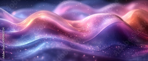 Abstract waves of iridescent purple, blue, and pink with glitter particles.