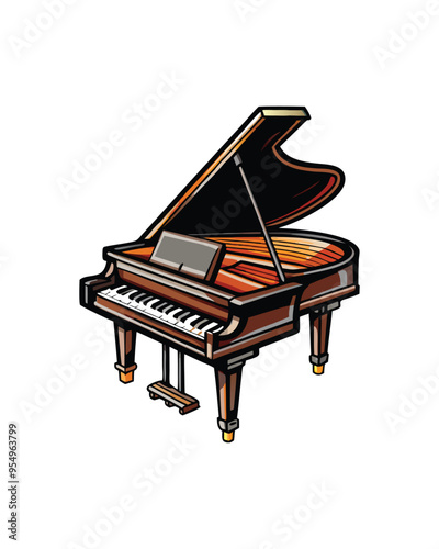 Editable stroke vector illustration of a grand piano with the lid open.