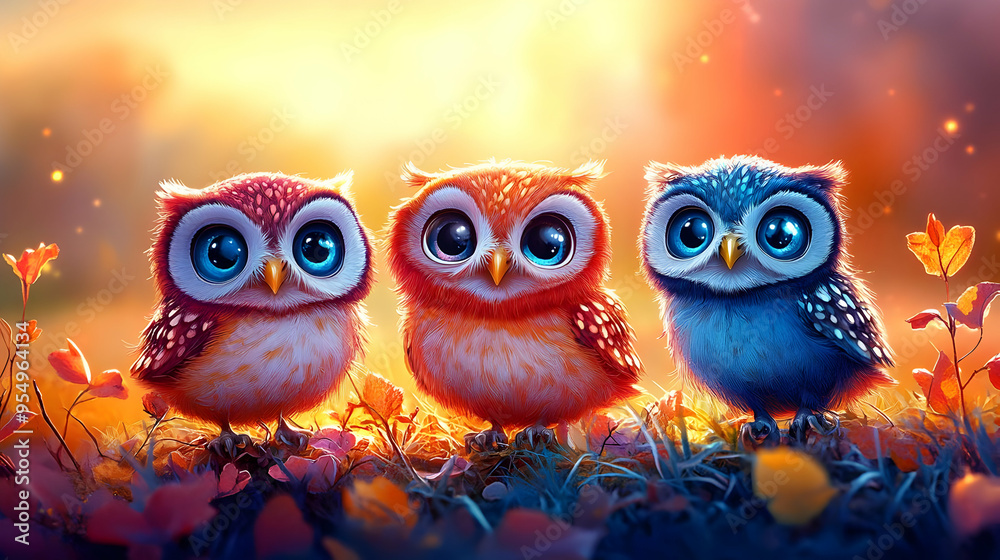 Fototapeta premium Cute Baby Owls Standing Together in a Colorful Meadow with Big Eyes and Feathery Texture, Adorable Birds, Beautiful and Bright Sunset Light, Animated Owls, Forest, Wildlife, Birds of Prey