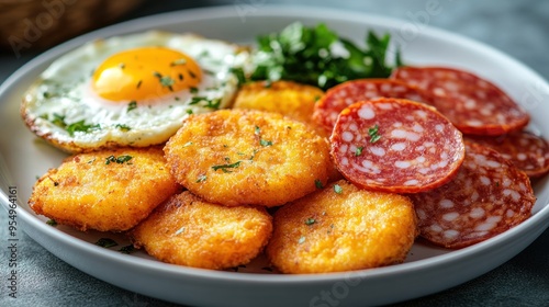 Fried Polenta, Salami, Fried Egg, and Parsley on a Plate