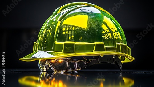 Reflective yellow safety helmet on glossy black surface photo