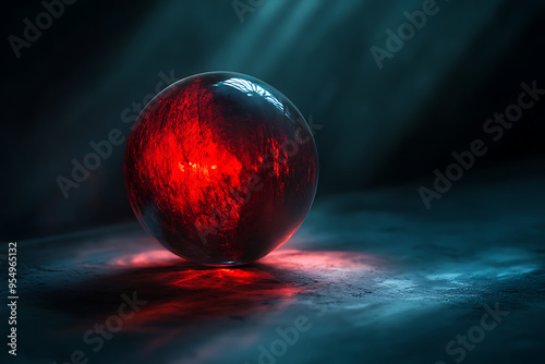 A glowing red orb on a textured surface, illuminated by dramatic lighting. photo