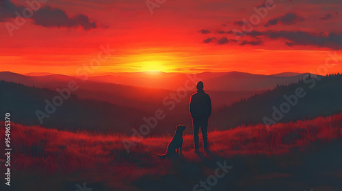 A Man and His Dog Stand Silhouetted Against a Sunset Over Rolling Hills