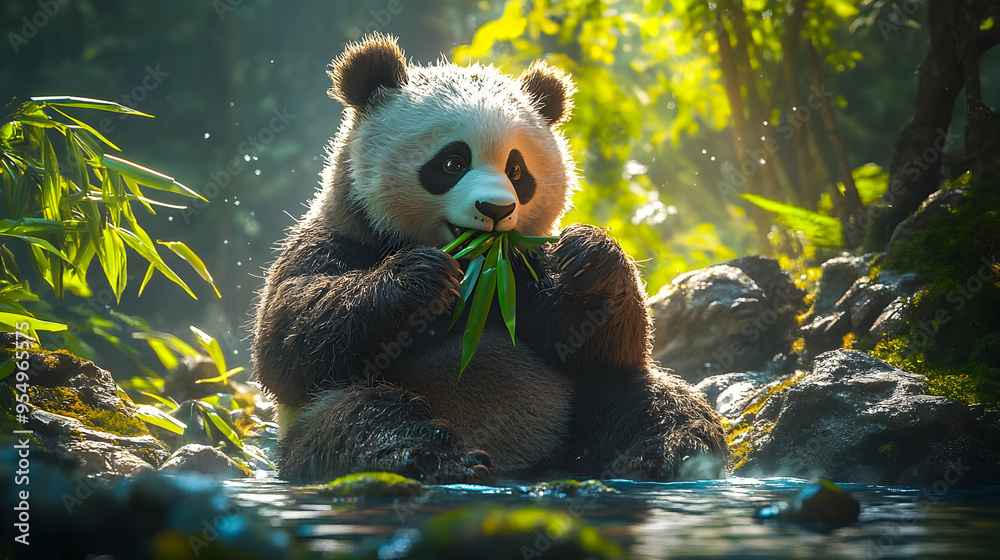 A Cute Panda Bear Enjoying a Refreshing Dip in a Crystal Clear Stream Surrounded by Lush Greenery in a Tranquil Forest Setting, Perfect for Relaxation and Meditation A Cute Panda Bear Enjoying a Refreshing Dip in a Crystal Clear Stream Surrounded by Lush Greenery in a Tranquil Forest Setting, Perfect for Relaxation and Meditation