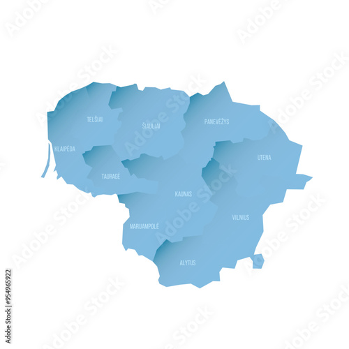 Lithuania political map of administrative divisions - counties. Shaded vector map with 3D-like blue gradient and name labels
