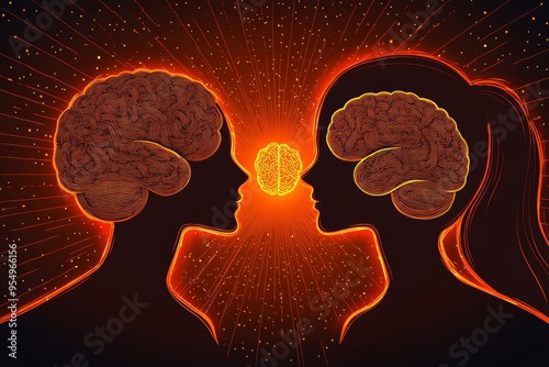 Frontotemporal dementia Precognitive Silhouetted profiles with glowing brains symbolizing the intense connection and the energy flow between minds in a relationship photo